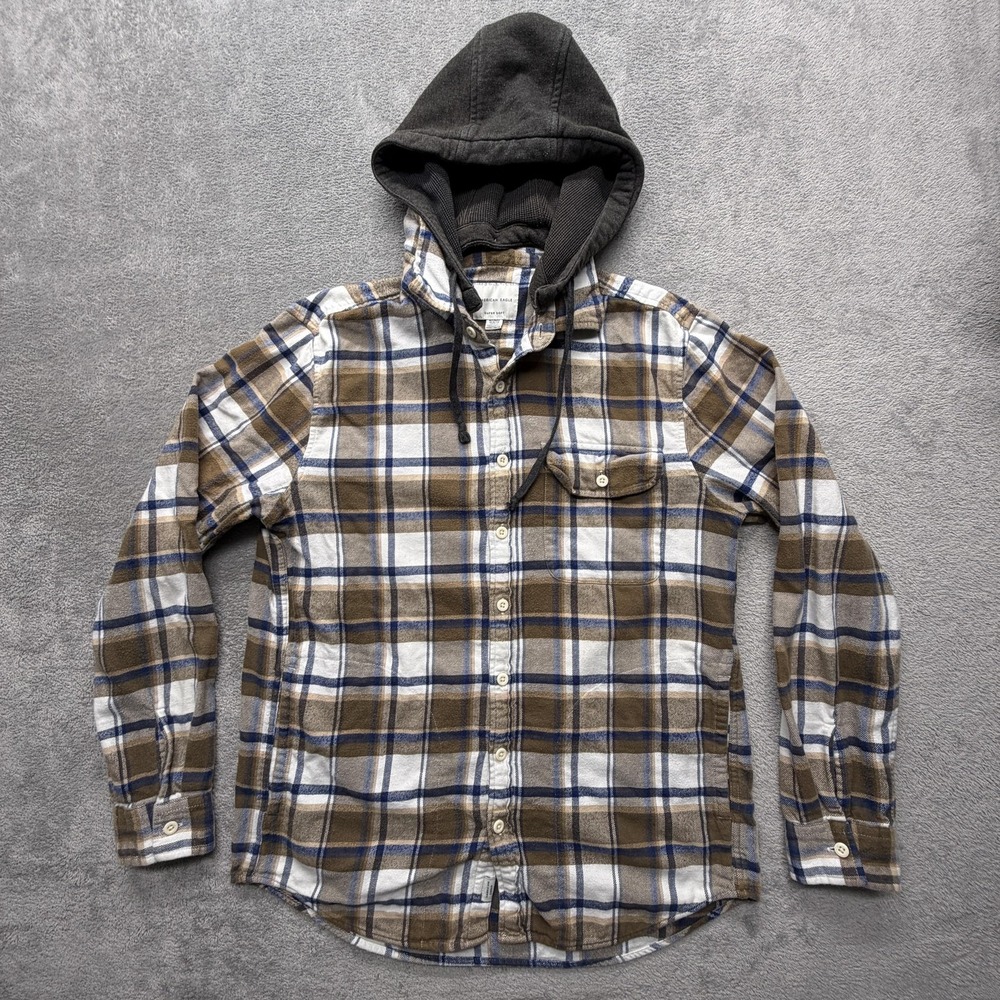 American Eagle Outfitters Shirt Mens MT Brown Plaid Hooded Flannel Super Soft‎